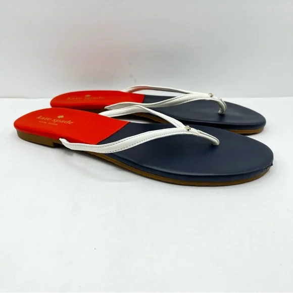Kate Spade Women’s Size 9 Cabana Leather Orange/ Navy Blue Thong Sandals - Picture 2 of 16